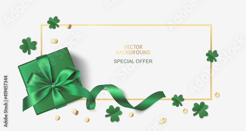 St Patrick's day sale design template. Green gift box with clover leaves and golden coin confetti on white background. Realistic holiday elements. Vector stock illustration.