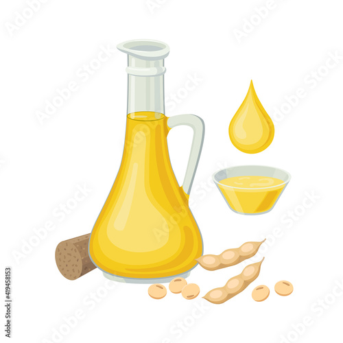 Soybean oil in glass bottle, soy beans pod, drop of oil and bowl with soybean oil. Soybean products - vector illustration isolated on white background.