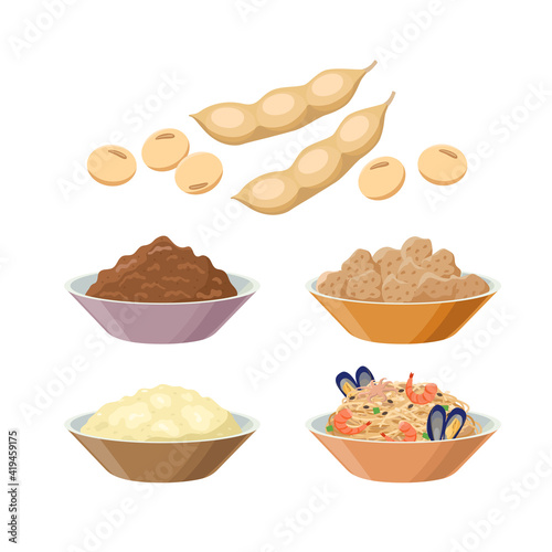 Kinako, miso, soy meat, tofu, soy pasta with seafood, soy beans. Soybean products - vector illustration isolated on white background.