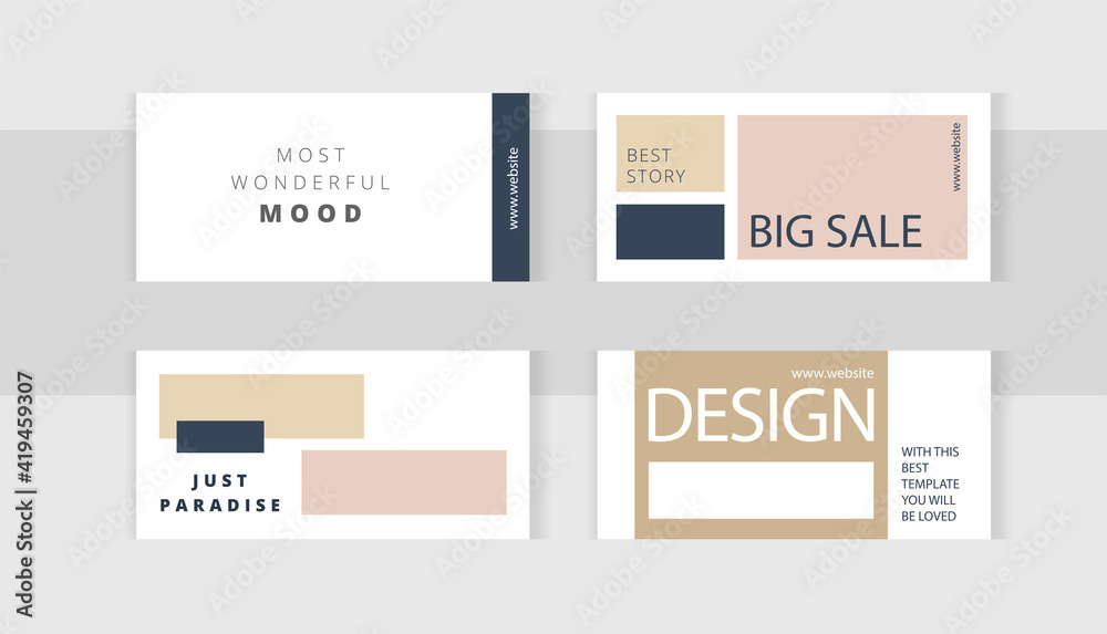 Soft pink nude with gold style. Set of editable horizontal photo collage banners. Minimalist instagram templates for social media posting and online advertising. Trend vector illustration.