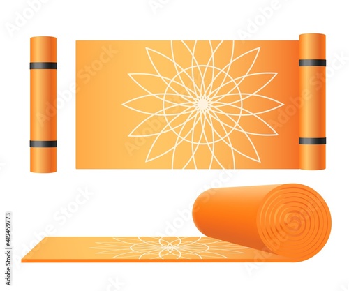 Yoga mat, rolled and open sport equipment mattress for training or relaxation.