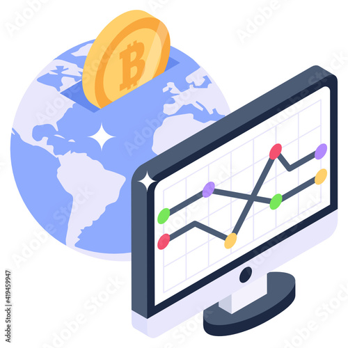 
Coin with globe and monitor denoting isometric icon of global bitcoin 

