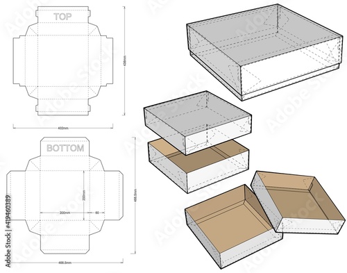 Self-assembling Folding Box. Ease of assembly, no need for glue (Internal measurement 20x20x6cm). The .eps file is full scale and fully functional. Prepared for real cardboard production.