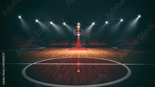 Interior view of an illuminated basketball stadium for a game © alphaspirit