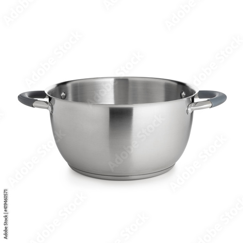 Kitchen utensils, metal pot with handles, on white background