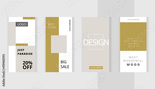 Green gold nude style. Set of editable vertical photo collage banners. Minimalist instagram templates for social media posting and online advertising. Trend vector illustration.