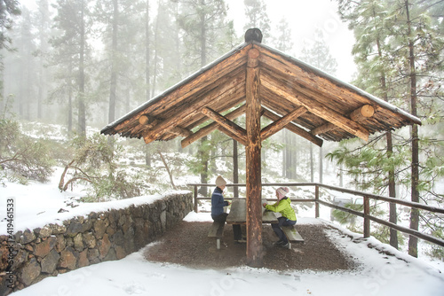 Side view unrecognizable female and girl wearing warm clothes sitting at table in wooden alcove and chatting while spending peaceful winter day in snowy woodland photo