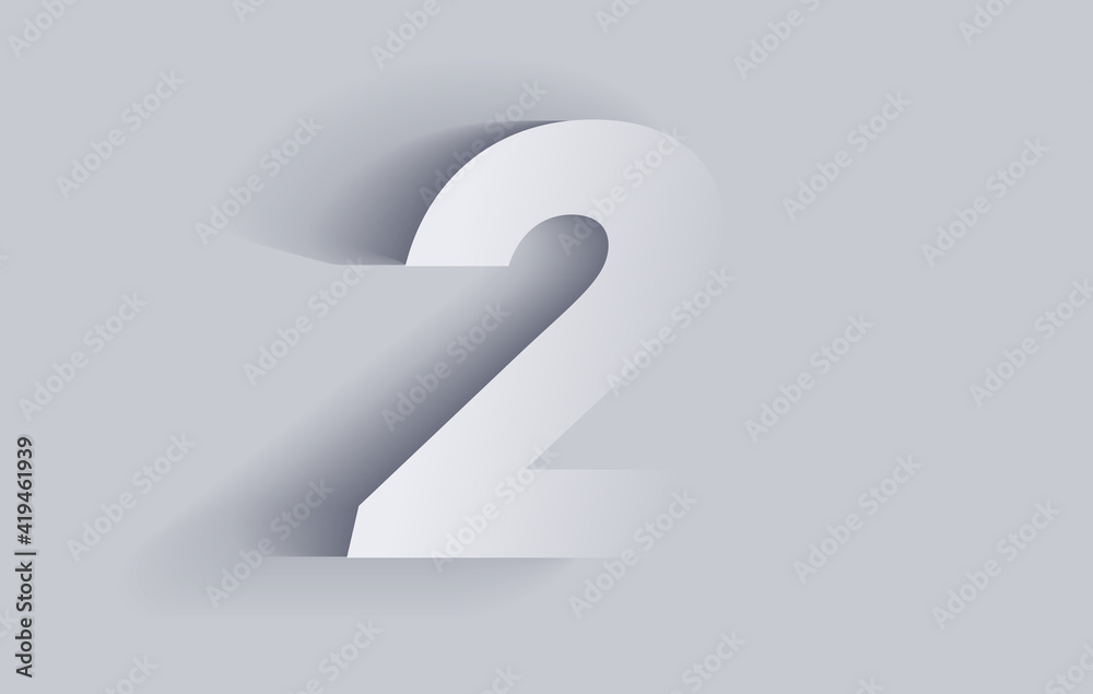 Number two, 2 with shadow. Cut out paper isolated on background. Vector illustration EPS 10.
