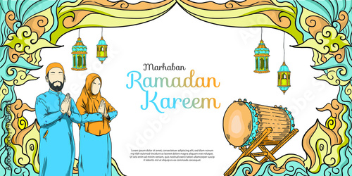 Ramadan Kareem with Hand drawn Islamic Illustration ornament on White Background 