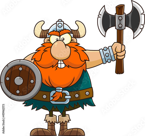 Angry Viking Cartoon Character With Shield Holding A Axe. Vector Illustration Isolated On Transparent Background