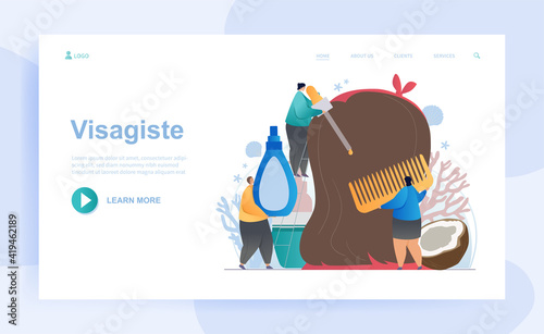 Male and female visagistes are working on female haircut together. Group of colleagues creating female hair style as a team. Website, web page, landing page template. Flat cartoon vector illustration