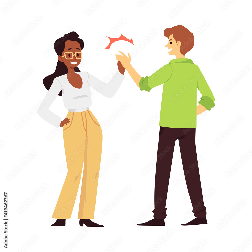 Friendly people laughing giving high five, flat vector illustration isolated. Friendly people laughing giving high five, flat vector illustration isolated.