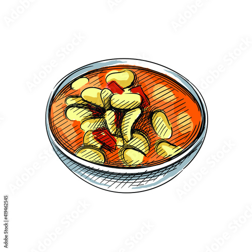 Colorful watercolor Hand drawn sketch of Greek Fasolata soup on a white background. Greek cuisine. Food. Meals.	
 photo