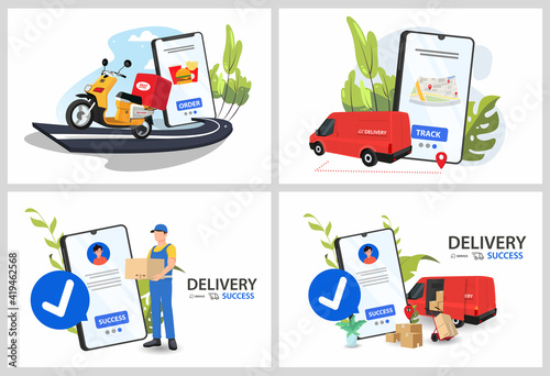 Flat style couriers holding loading or carrying cardboard boxes, service cars loader vector illustration set. Moving and delivery company concept.
