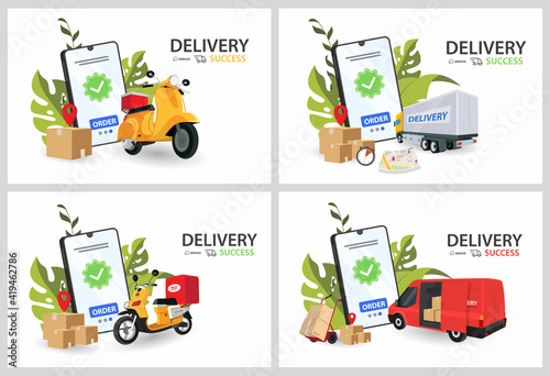 Fast delivery by scooter on mobile. E-commerce concept. Online food order infographic. Webpage, app design. Pink and Blue background. Perspective vector
