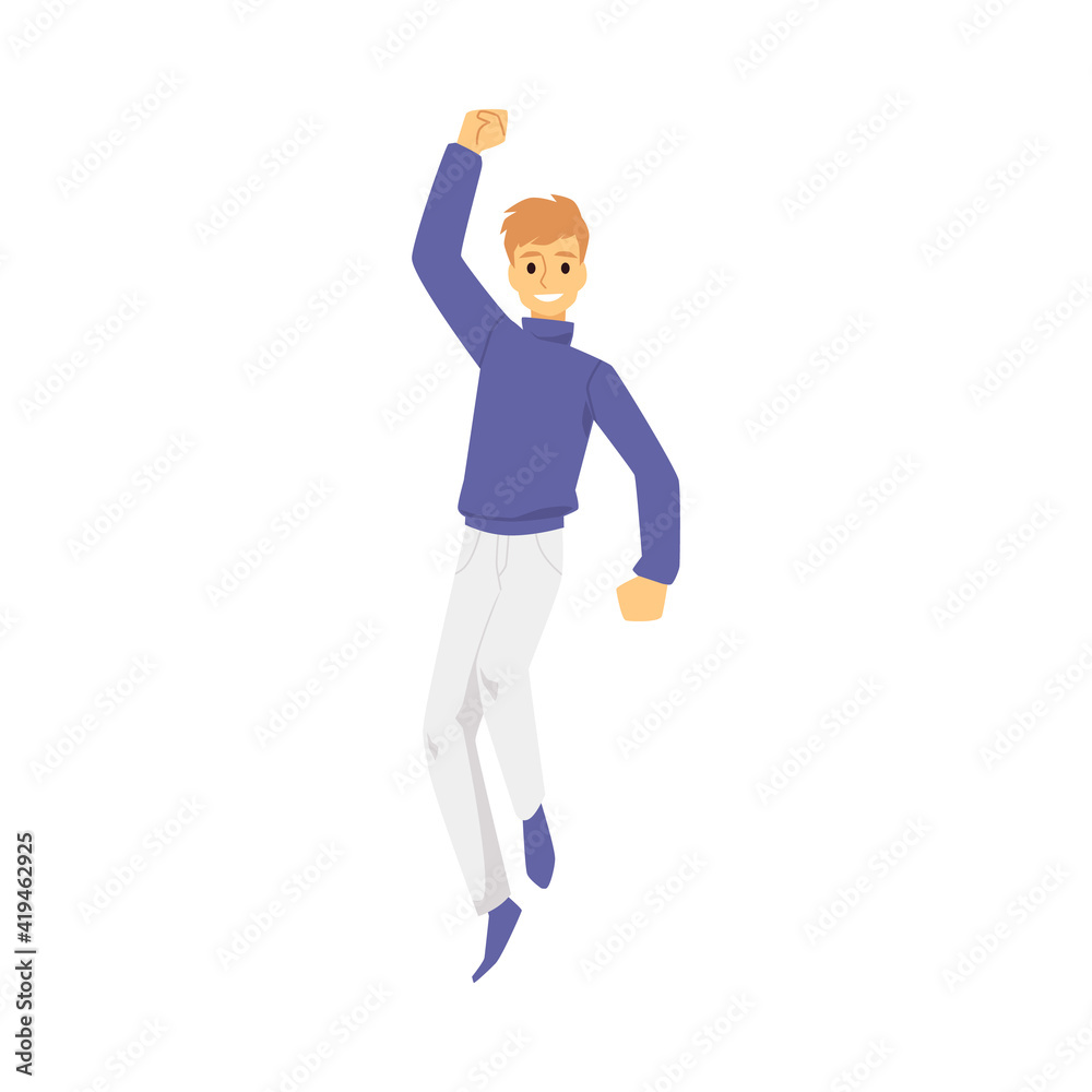 Happy cheerful man jumping in air from happiness - cartoon person