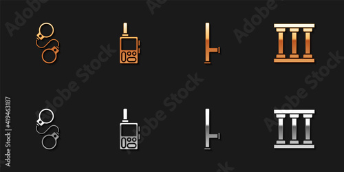 Set Handcuffs, Walkie talkie, Police rubber baton and Prison window icon. Vector.