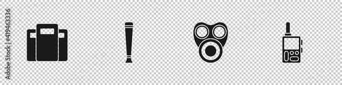 Set Police assault shield, rubber baton, Gas mask and Walkie talkie icon. Vector.