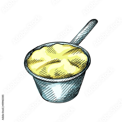 Colorful watercolor Hand drawn sketch of French Julienne Chicken and Mushroom on a white background. French cuisine. Food. Meals.	
