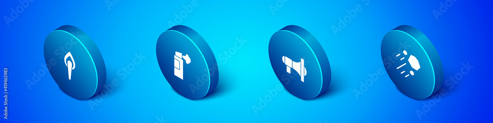 Set Isometric Torch flame, Megaphone, Flying stone and Pepper spray icon. Vector. Set Isometric Torch flame, Megaphone, Flying stone and Pepper spray icon. Vector.