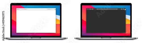 Realistic browser mockup on laptop device set. Isolated computer screen with browser page on white background. Light and dark mode browser with colored wallpaper. Website presentation, vector design.