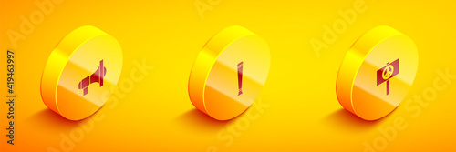 Set Isometric Megaphone, Police rubber baton and Peace icon. Vector.