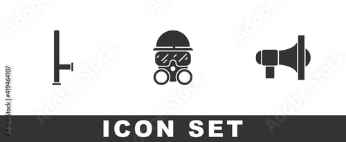 Set Police rubber baton, Gas mask and Megaphone icon. Vector.