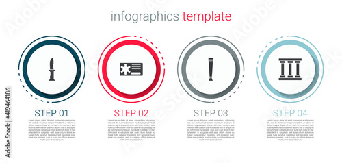 Set Military knife, Police badge, rubber baton and Prison window. Business infographic template. Vector.