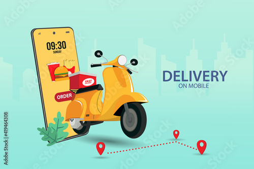 Fast delivery by scooter on mobile. E-commerce concept. Online food order infographic. app design. blue and city background