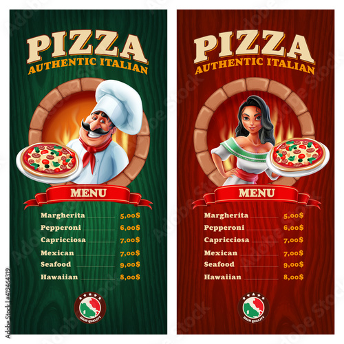 pizza menu with girl and italian chef