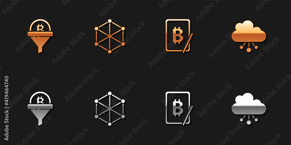 Set Sales funnel with bitcoin, Blockchain technology, Mining from tablet and Cryptocurrency cloud mining icon. Vector. Set Sales funnel with bitcoin, Blockchain technology, Mining from tablet and Cryptocurrency cloud mining icon. Vector.