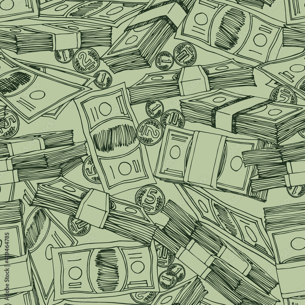 Obraz premium money seamless pattern, coins and stacks of paper banknotes, pile of bucks, financial capital, color vector illustration with contour lines on a green background in doodle and hand drawn style