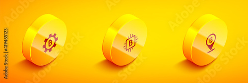 Set Isometric Cryptocurrency coin Bitcoin, CPU mining farm and icon. Vector.