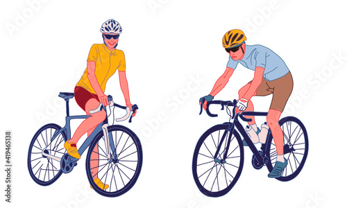 Race cyclist in action set. Fast road biker side, front. Editable vector illustration.