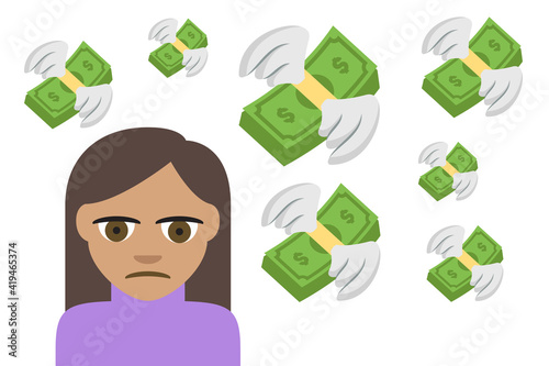 frowning woman and money with wings on white background,economic problems concept,vector illustration