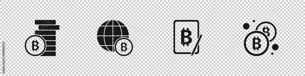 Set Bitcoin, Globe, Mining bitcoin from tablet and icon. Vector. Set Bitcoin, Globe, Mining bitcoin from tablet and icon. Vector.
