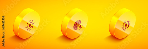 Set Isometric Blockchain technology Bitcoin, Globe and CPU mining farm icon. Vector.