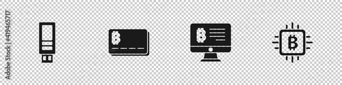 Set USB flash drive, Credit card with bitcoin, Mining from monitor and CPU mining farm icon. Vector.