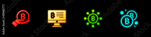 Set Hand holding Bitcoin, Mining bitcoin from monitor, Blockchain technology and icon. Vector.