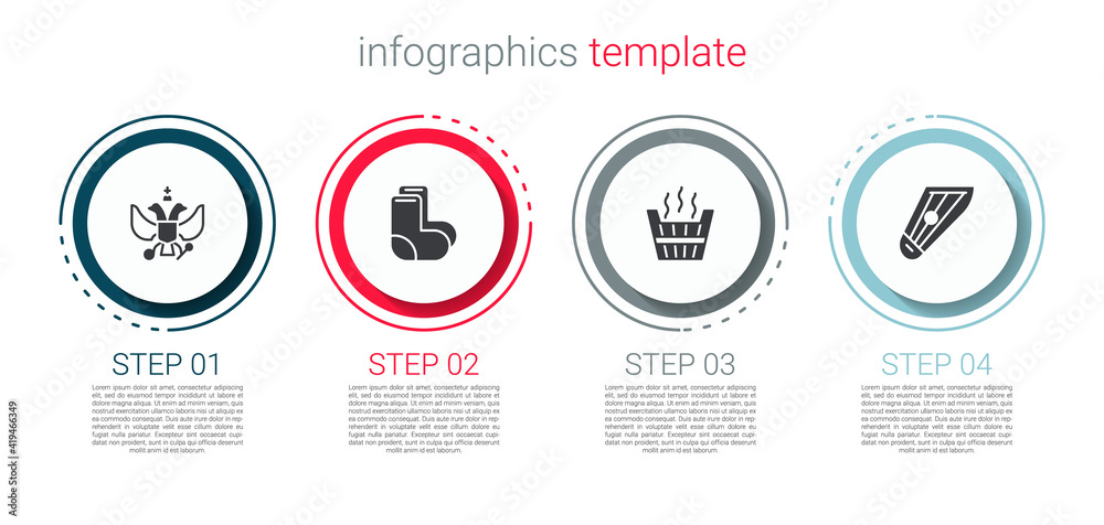 Set National emblem of Russia, Valenki, Sauna bucket and Kankles. Business infographic template. Vector.
