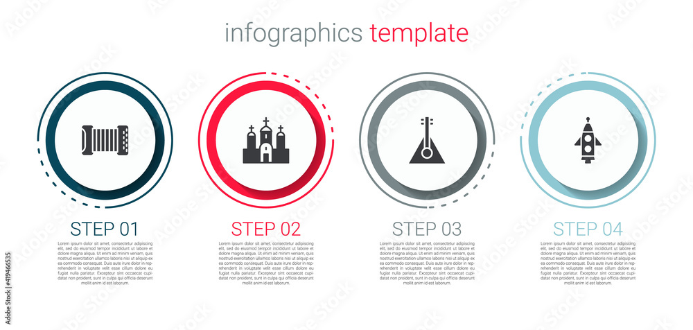 Set Accordion, Church building, Balalaika and Rocket ship. Business infographic template. Vector. Set Accordion, Church building, Balalaika and Rocket ship. Business infographic template. Vector.