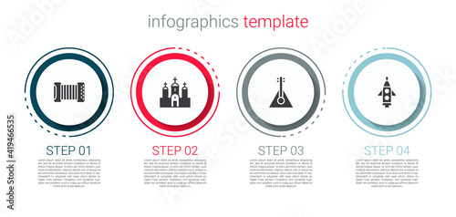 Set Accordion, Church building, Balalaika and Rocket ship. Business infographic template. Vector.