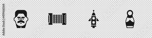 Set Joseph Stalin, Accordion, Rocket ship and Russian doll matryoshka icon. Vector.