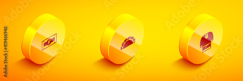 Set Isometric Russian ruble banknote, Dumpling and Kosovorotka icon. Vector.