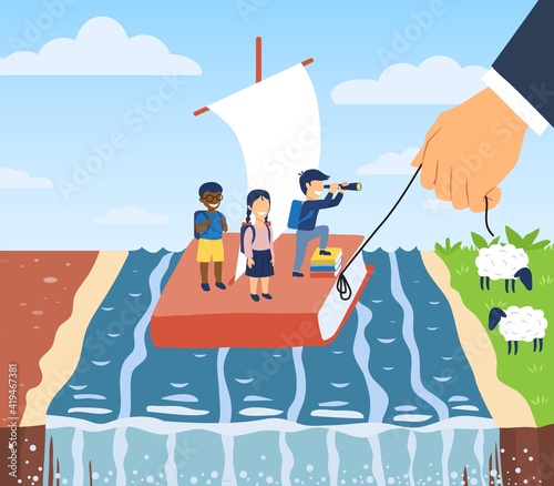 Abstract education concept with diverse multiethnic kids on a book raft with sail floating on a river flowing through green countryside and hand of teach guiding them, flat cartoon vector illustration