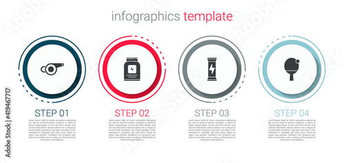 Set Whistle, Sports nutrition, and Racket and ball. Business infographic template. Vector.