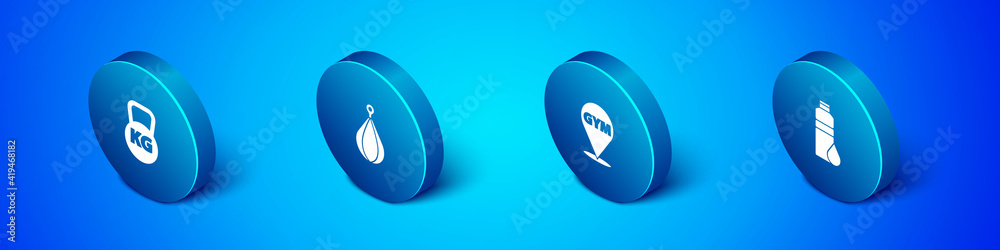 Set Isometric Kettlebell, Location gym, Fitness shaker and Punching bag icon. Vector. Set Isometric Kettlebell, Location gym, Fitness shaker and Punching bag icon. Vector.