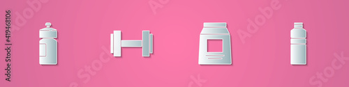 Set paper cut Fitness shaker, Dumbbell, Sports nutrition and icon. Paper art style. Vector.