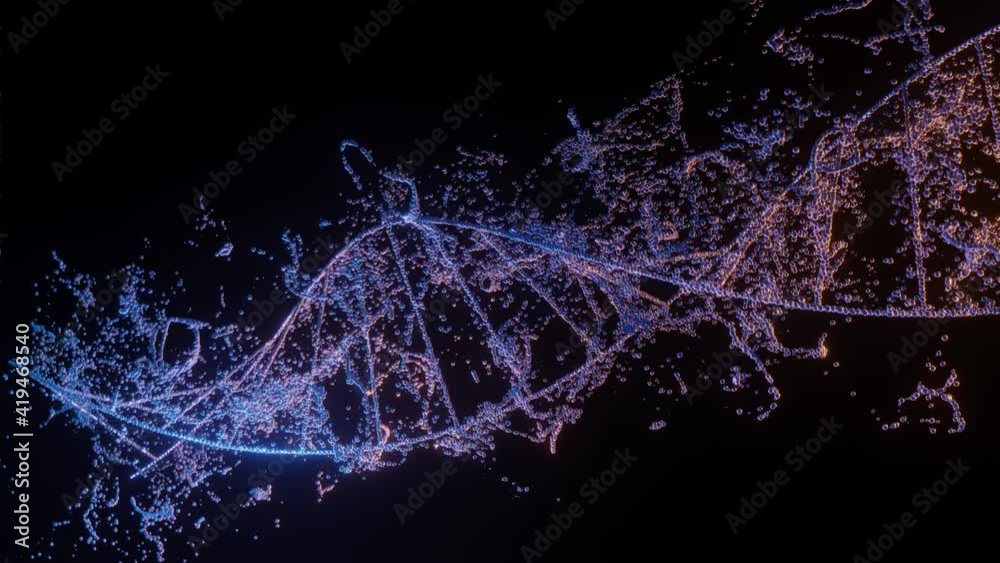 DNA spiral helix 3d animation with black background and particles.