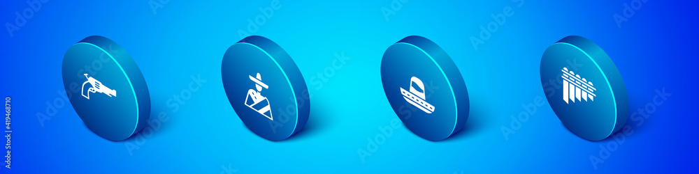 Set Isometric Revolver gun, Mexican sombrero, Pan flute and man icon. Vector. Set Isometric Revolver gun, Mexican sombrero, Pan flute and man icon. Vector.